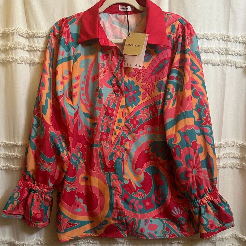 Cherry Betty Pink and Teal Paisley Blouse - Picture 1 of 7